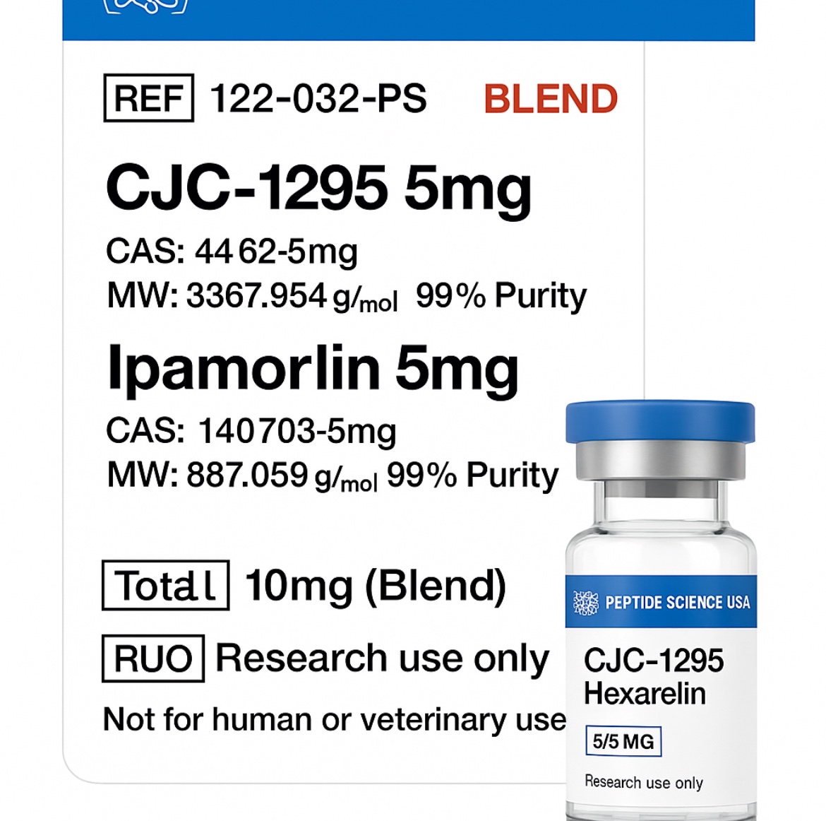 cjc-1295-hexarelin-10mg-peptide-vial. 10mg vial of CJC-1295 and Hexarelin peptide blend for laboratory research
